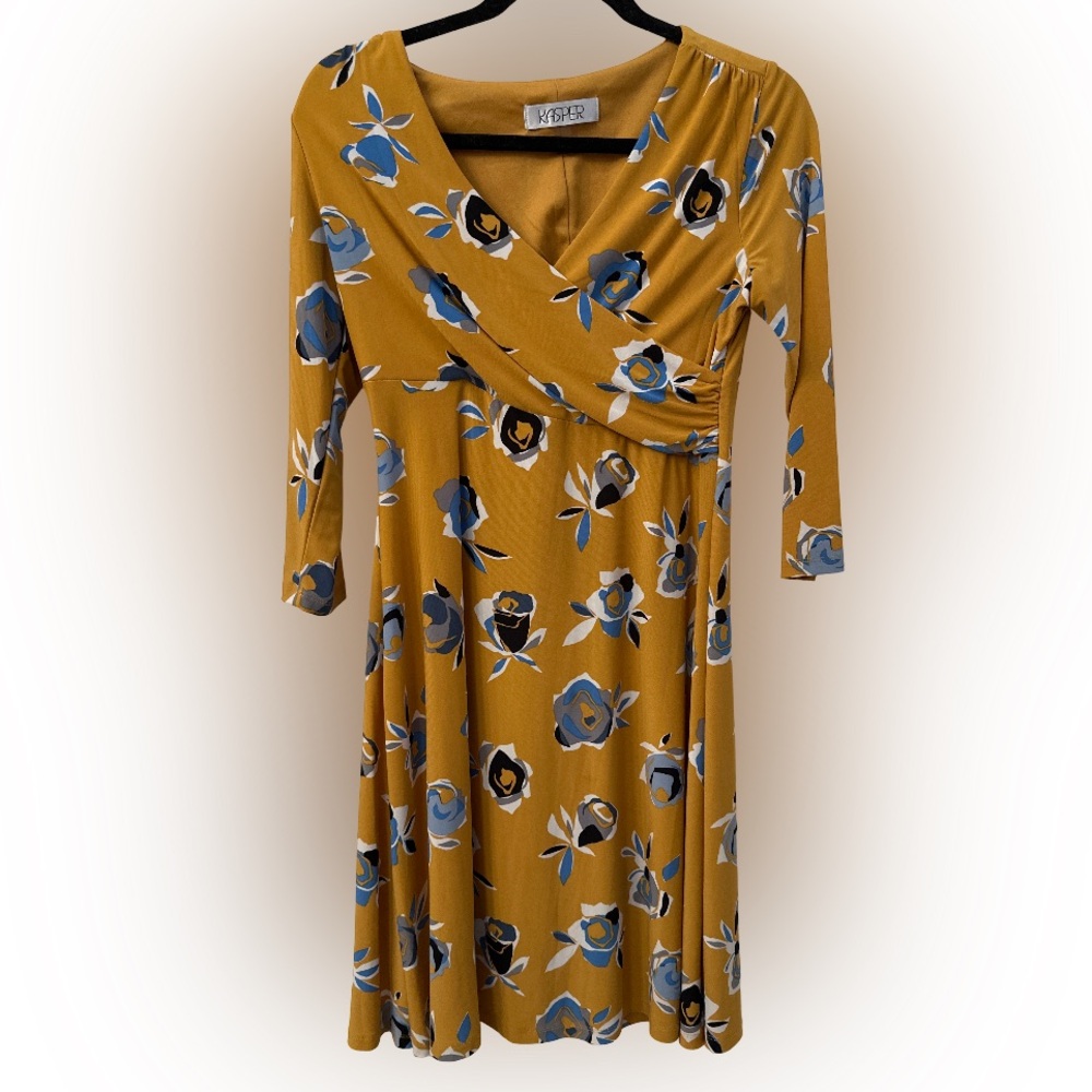 Kasper Mustard and Blue Floral Long Sleeve Dress